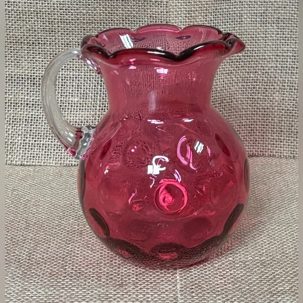 Vintage Cranberry Glass Coin Dot Creamer Clear Applied Handle Scalloped Rim
